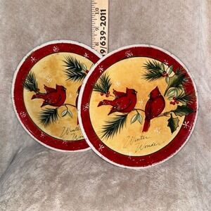 Pier 1 Holly‎ Birds Winter Wonders Salad Plates Set of 2 Christmas hand painted